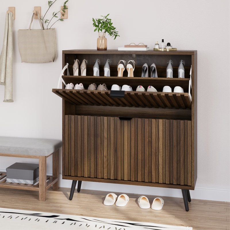 31.5''w Shoe Storage Cabinet For Foyer, Hallway Slim Entryway Freestanding Wood Hidden Shoe Organizer With Flip Doors
