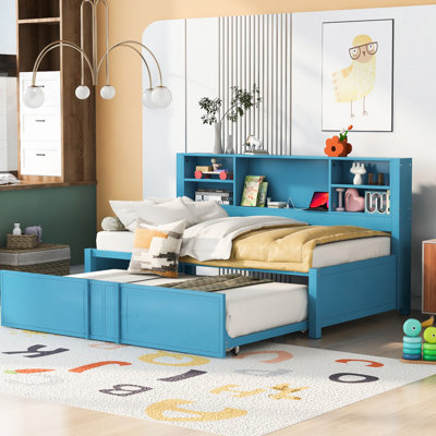 Lit de jour simple en métal avec couchette, ports, tablettes de rangement - rangement bleu, ports captivants