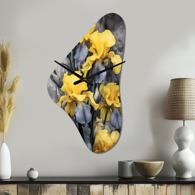 Kui Yellow Grey Petal Of Iris I - Floral Asymmetrical Metal Wall Clock, Yellow Unique Shape Metal Clock Print