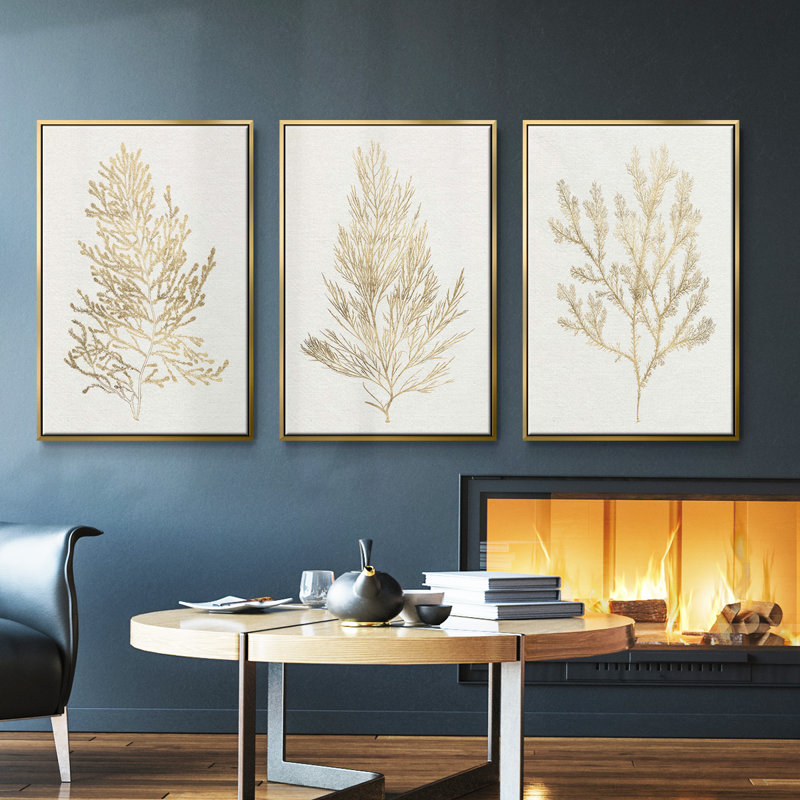 Ensemble de 3 algues dorées encadrées sur toile, H 36 po x l 72 po, Encadrement doré