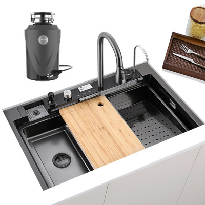 Lefton 33"x22" Dual-mount Single Bowl Stainless Steel Waterfall Kitchen Sink Ks2206l-pro With 1 Hp Continuous Feed Garbage Disposal Lgd-1010