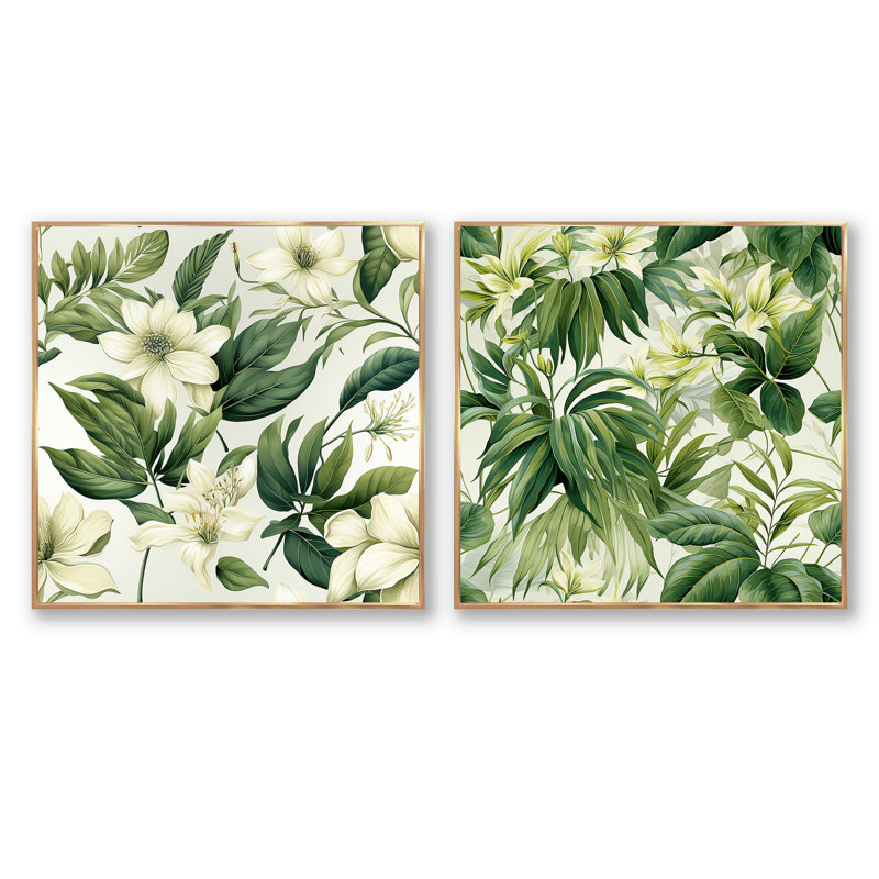 Corwen - Ensemble de 2 collages carrés floral et botanique, Cadre flottant doré, H 16 po x l 33 po