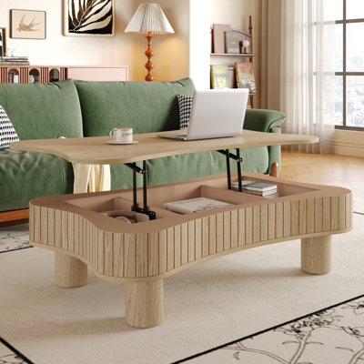 Table basse relevable de 107 cm pour salon - Système de levage hydraulique silencieux, angles arrondis à 360°, rangement central pour ordinateur portable, montage en 5 minutes, trois compartiments de rangement dissimulés et arrondis, finition laquée
