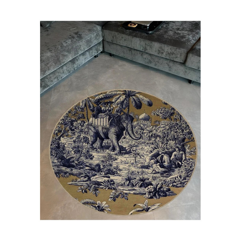 Gray Tone Ancient Theme Elephant Tree And People Patterned Round Woven Base Modern Decorative Carpet, Round 4'