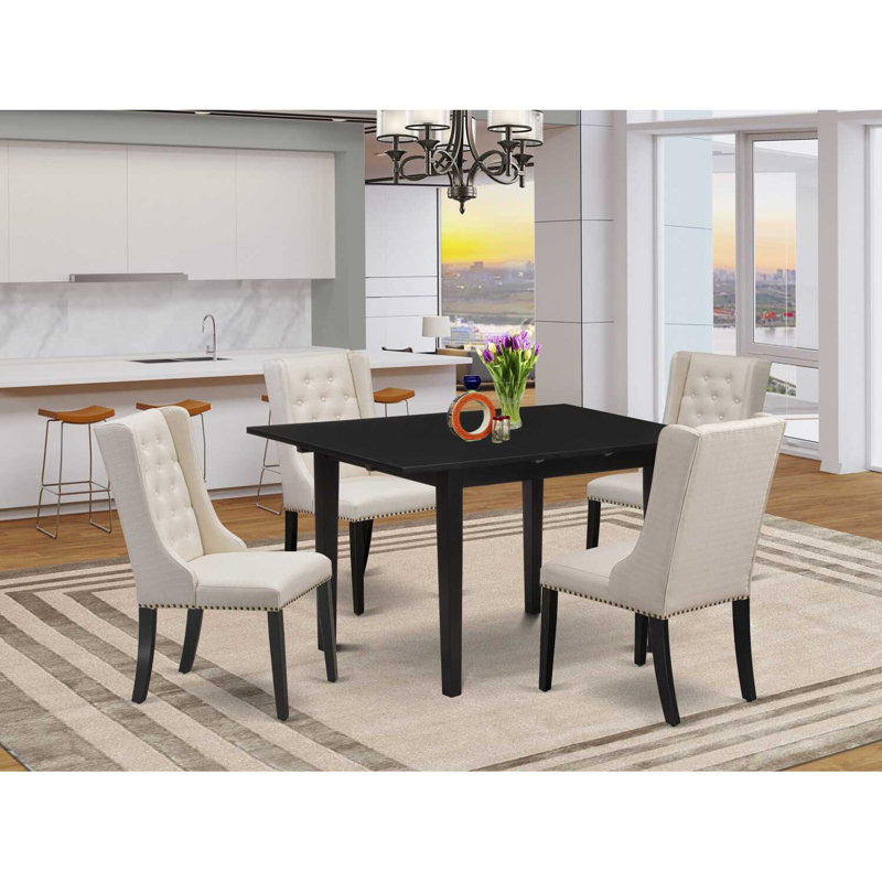3-Piece Mahogany Finish Rectangular Solid Wood Top With Butterfly Leaf Dining Table Set, Black, Beige, 5