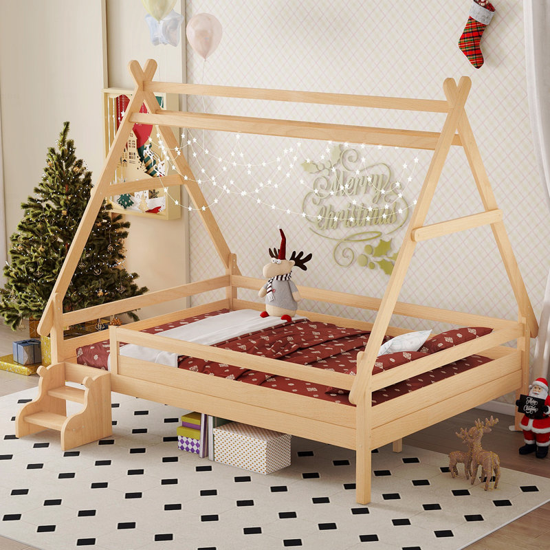 Structure de lit plateforme double avec escalier, matériau en bois massif, structure de lit simple, profil bas et design amusant enfantin, finition naturelle