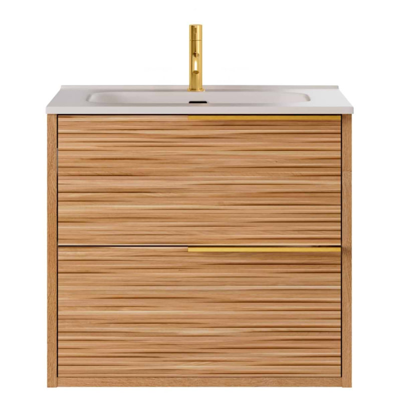 Kora 24" Bamboo Faux Finish Wall-Mounted Single Bathroom Vanity with Integrated Ceramic Top & Handles, Gold