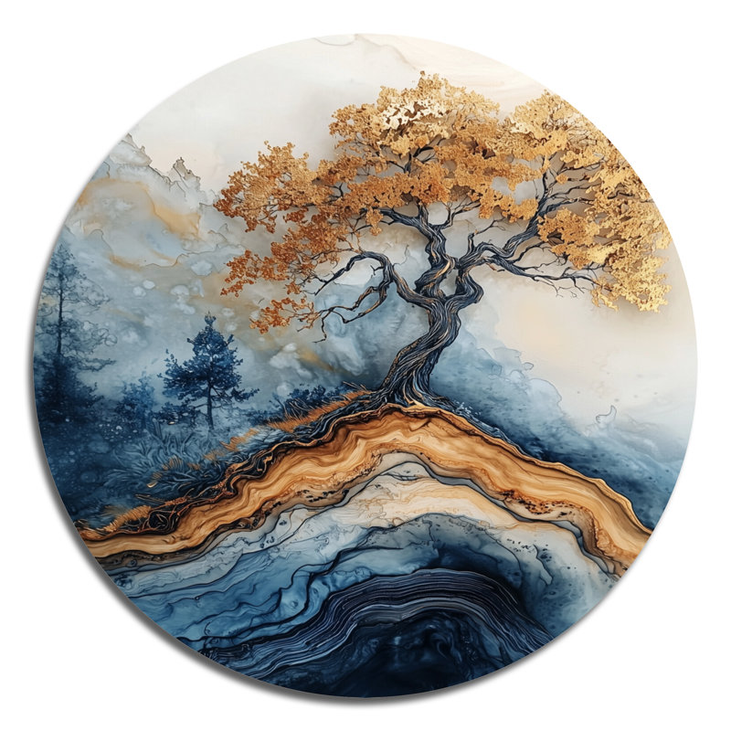 «Aqua Infinite Golden Tree of Life II», art mural rond en métal, H 36 po x l 36 po