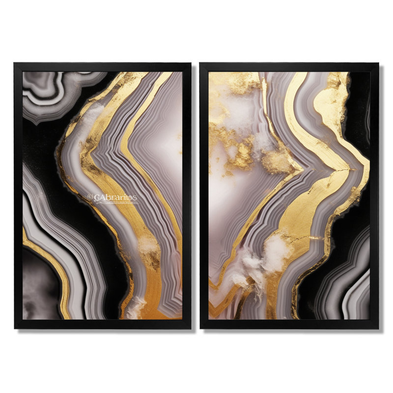 Opulent Glam Agate Black Gold - impression sur toile encadrée en marbre, art mural abstrait gris 2 panneaux, Noir