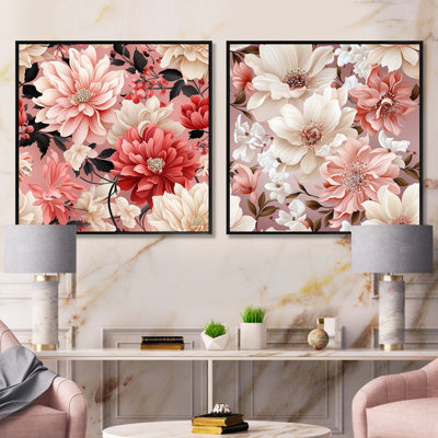 Coquelicots roses et blancs «Blossoming Grace» - ensemble de 2 collages floraux carrés