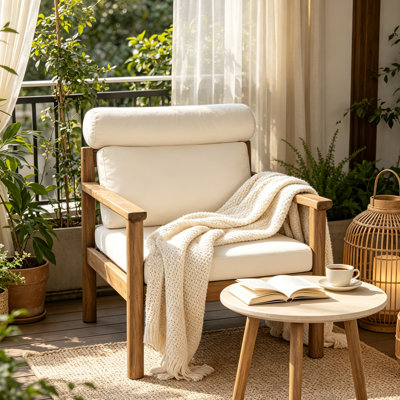 Fauteuil club d'extérieur de style Mid-Century avec traversin et coussins épais, fauteuil de patio en bois d'acacia massif résistant aux intempéries pour la cour, la piscine, la terrasse et le porche