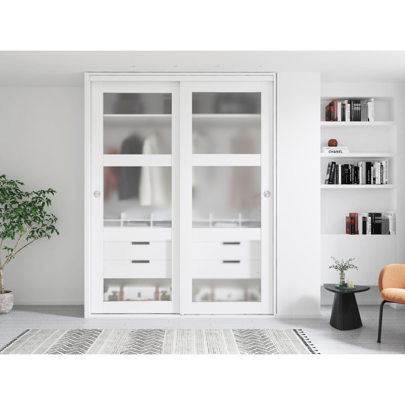 Porte coulissante double en verre trempé givré 3-Lite avec trousse de quincaillerie d'installation, H 80 po x l 72 po, Blanc