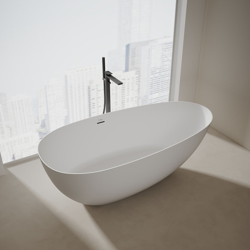 MonBlari  Solid Surface Freestanding Soaking Bathtub with Overflow and Pop-up Drain For Bathroom, Matte White, 59" L x 29" W