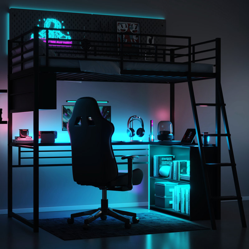 Twin Metal Loft Bed With Led, Desk, Storage - Black Construction Modern Led , And Design, Twin