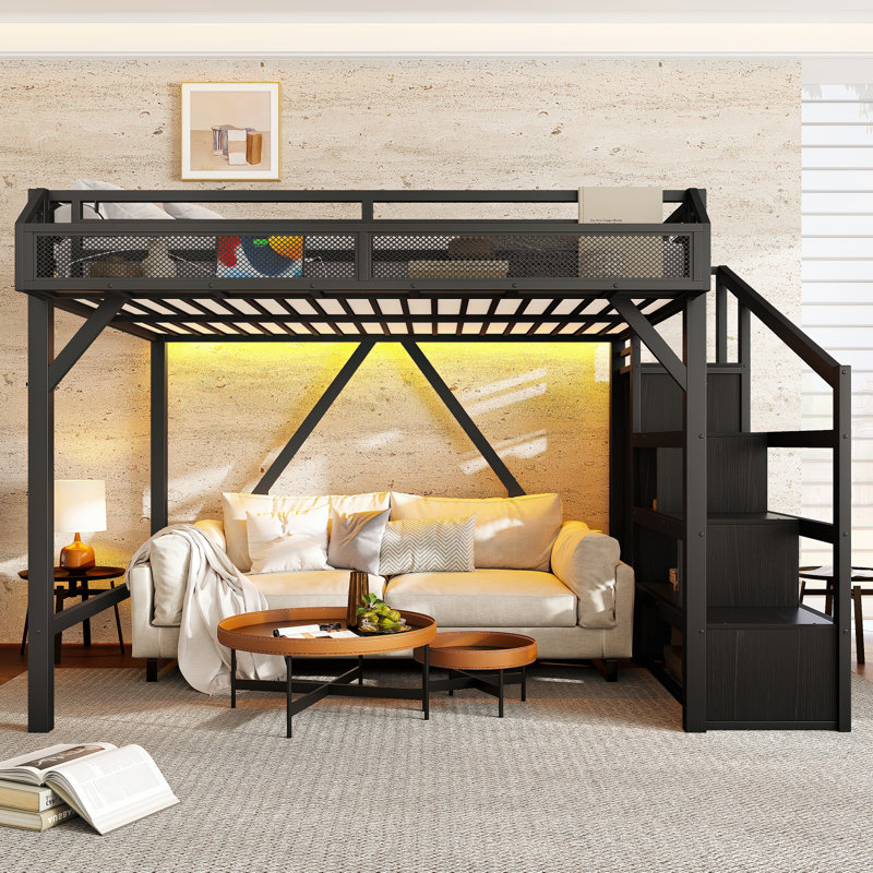 Full Loft Bed with Storage Stairs, Shelves & Built-in Wardrobe, USB Ports & LED Lights, Noise-Reduced, Black, Black, Full