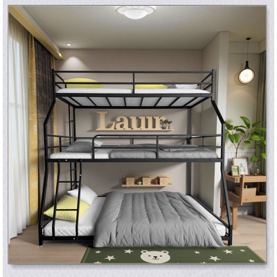 Triple Bunk Bed with Long and Short Ladders, Full-Length Guardrails, Easy Assembly for Kids, Custom Mattress Needed