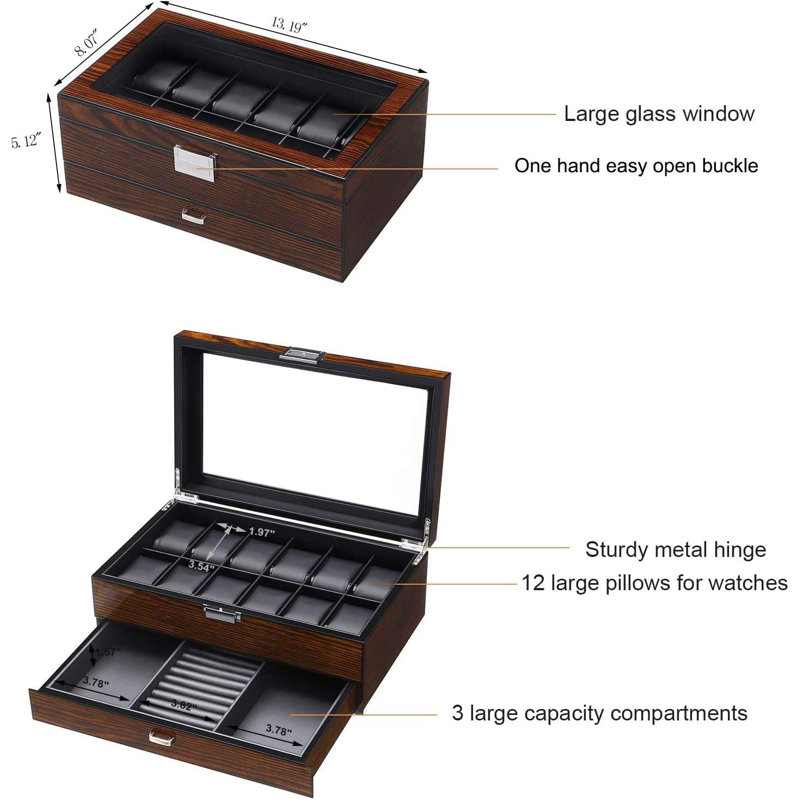 12-Slot Luxury Watch Box with Valet Drawer, Brown