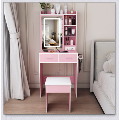Compact Makeup Vanity Desk with Adjustable LED Lights, Built-in Power Outlets, and Hidden Storage for Small Bedrooms