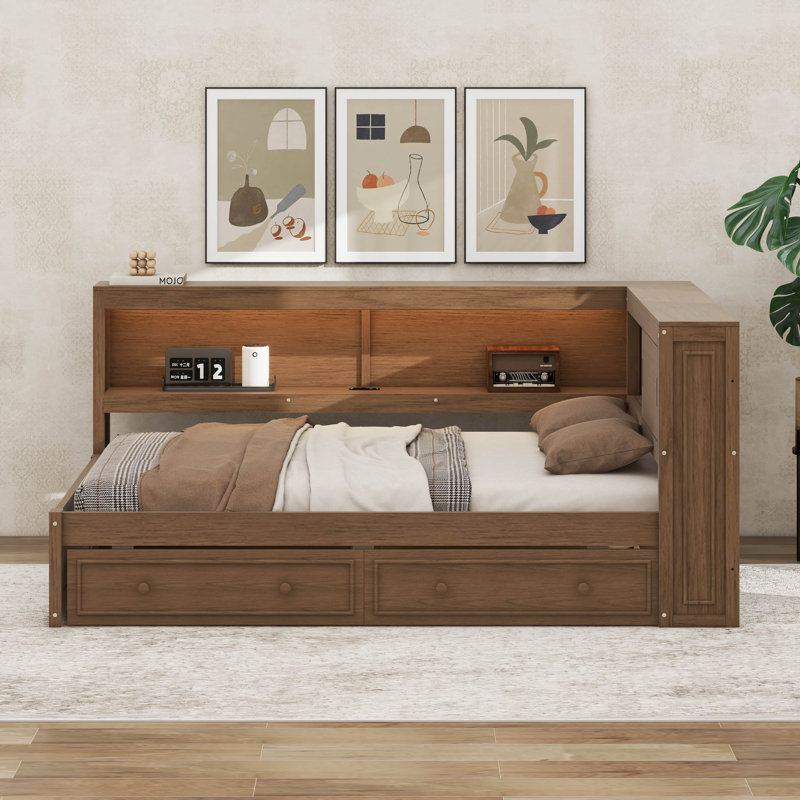 Lit de jour en bois pleine grandeur avec tablettes de rangement, USB, DEL et 2 tiroirs, Bois antique