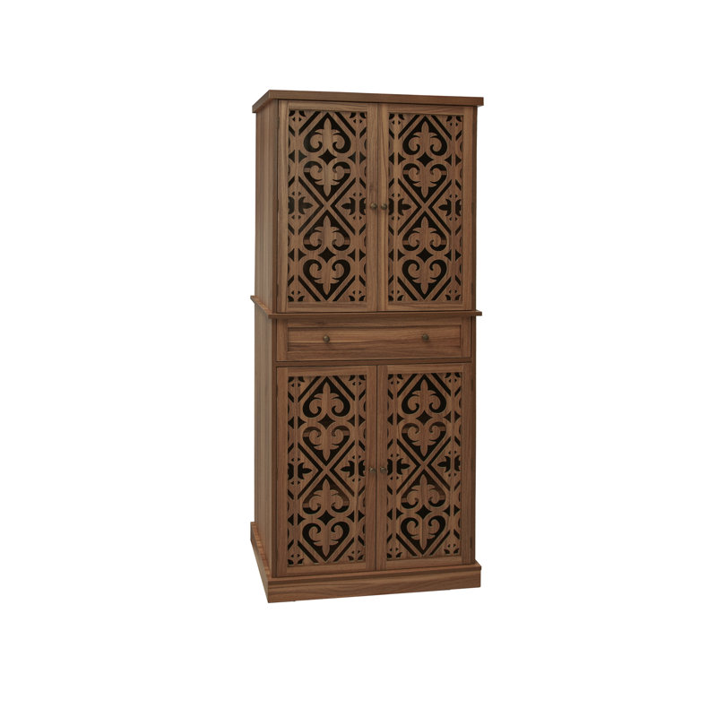 Armoire 4 portes en noyer avec 1 tiroir, capacité de 210 lb, porte à motif symétrique, tablettes intérieures réglables, résistant aux rayures, imperméable, charnière à 180 degrés, charge de 210 lb, 4 portes étincelantes, installation facile, imperméable