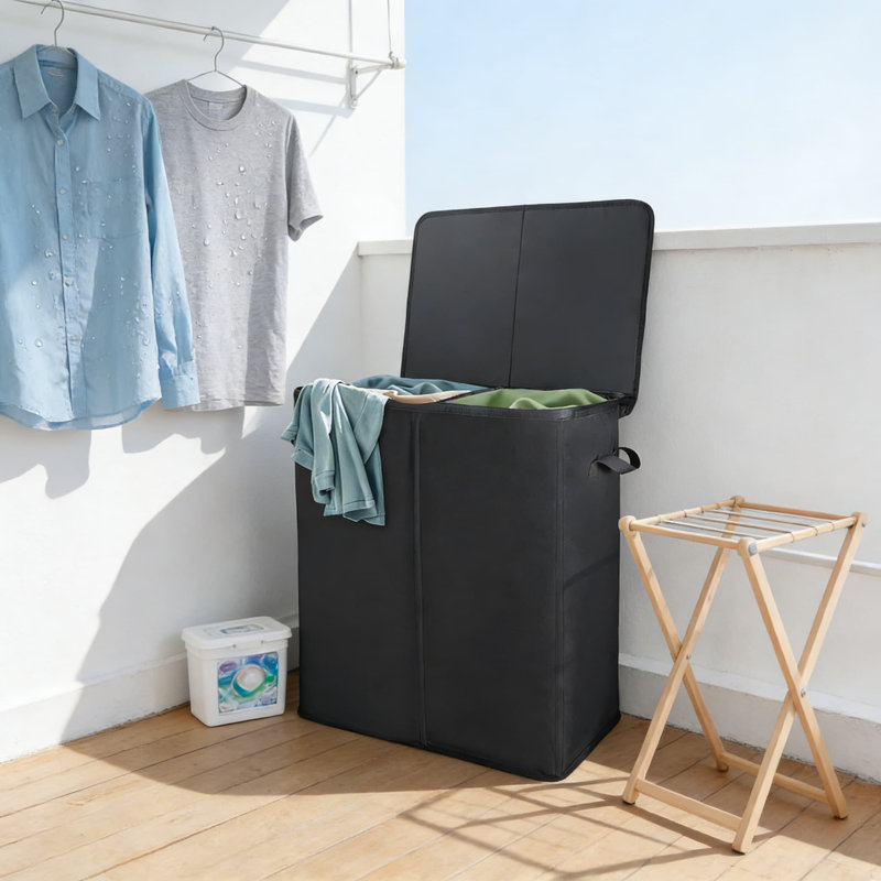 Large Capacity Double Laundry Hamper With Lid, 2 Removable Laundry Bags & Collapsible Design - 2 Compartment Dirty Clothes Basket With Handles For Laundry Sorting