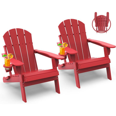 Folding-Adirondack-Chairs-Set-Of-2 | HDPE Plastic | Fire Pit Chair | All Weather | Cup Holder| For Deck Backyard Patio Outdoor Garden