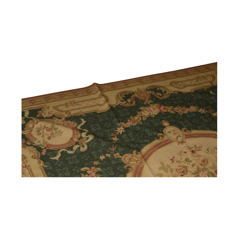 Needlepoint Wool Oriental Area Rug in Beige/Dark Green