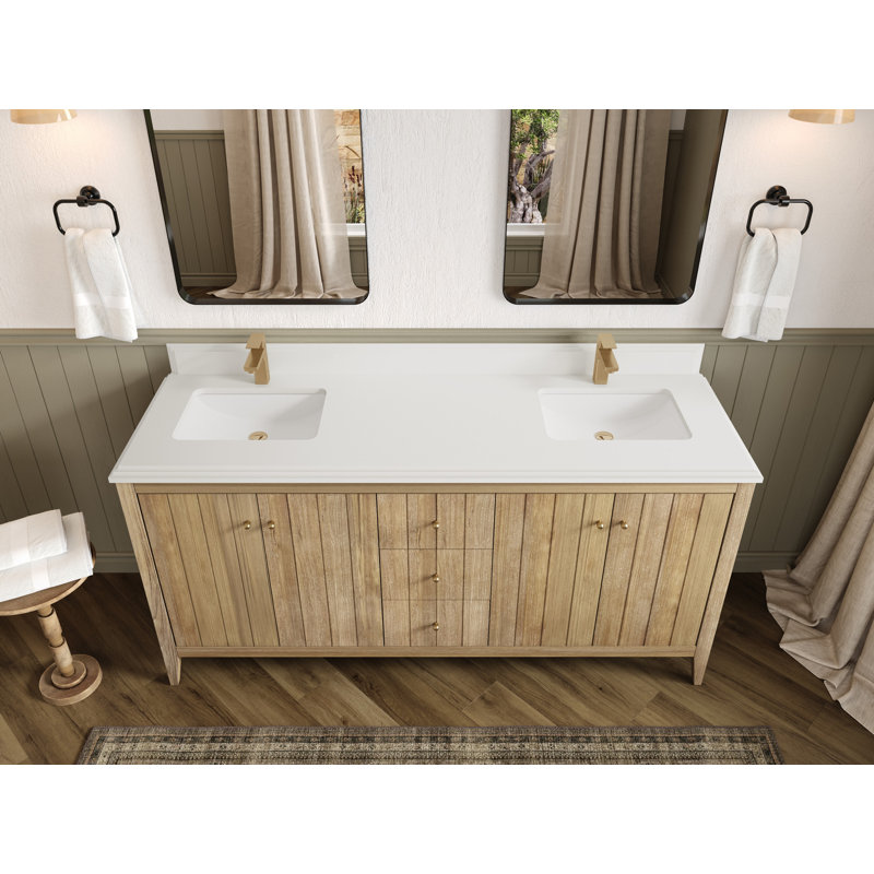 Teck d'Atlanta 72 po X P 22 po D Meuble-lavabo double en gris clair délavé avec quartz Cove Edge, Blanc