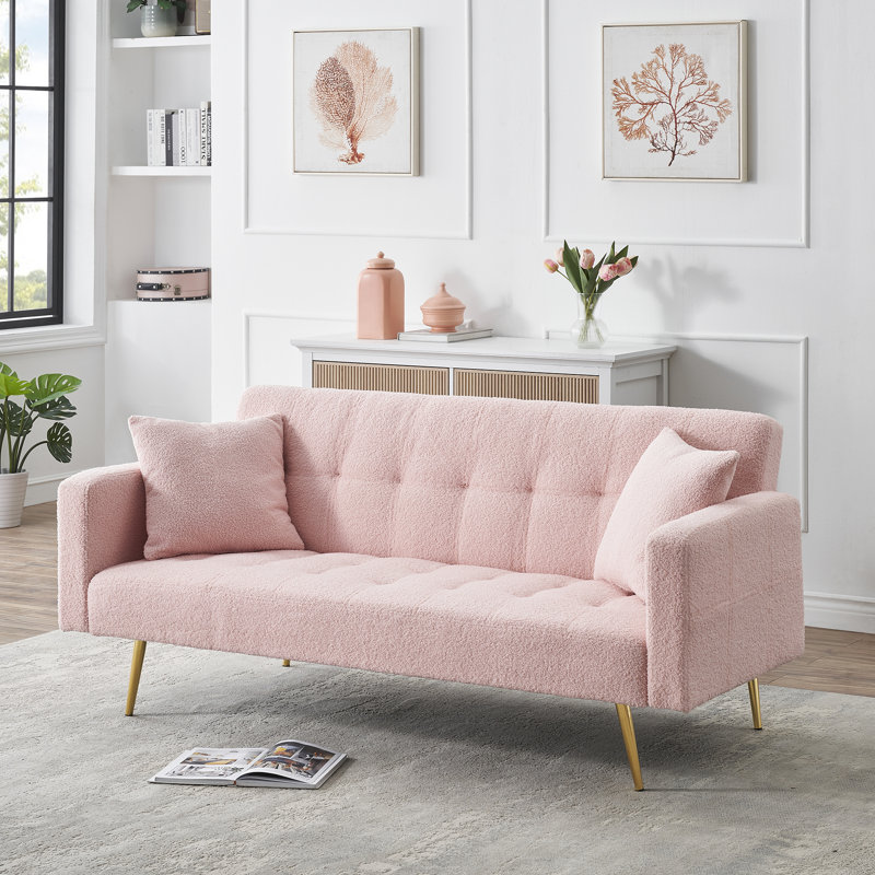 Quiniya 71.26" Modern Teddy Velvet Sofa Bed Folding Couch with Two Throw Pillows for Living Room