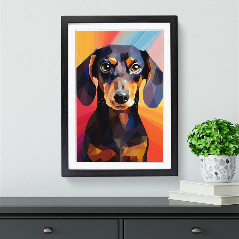 Dachshund Geometric - Framed Print, 46cm H x 34cm W, Black Framed