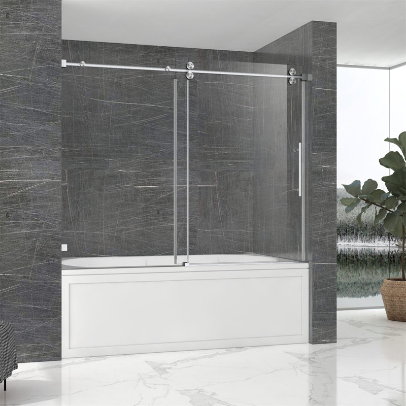 Porte de douche rectangulaire sans cadre coulissante 60 po x H 66 po avec verre trempé de 10 mm, Brossé