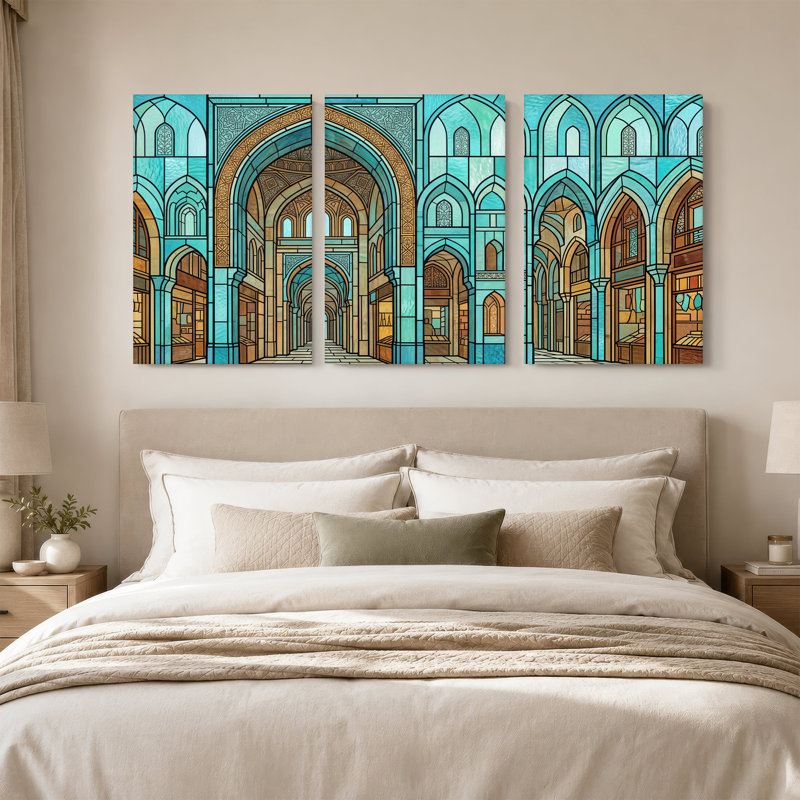 Ensemble de 3 tableaux sur toile représentant un hall de marché voûté turquoise et or, H 24 po x l 16 po x 3 pièces