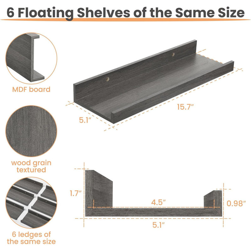 Floating wall shelf for decorative storage, set of 6, 1.7'' H x 15.7'' W x 5.1'' D