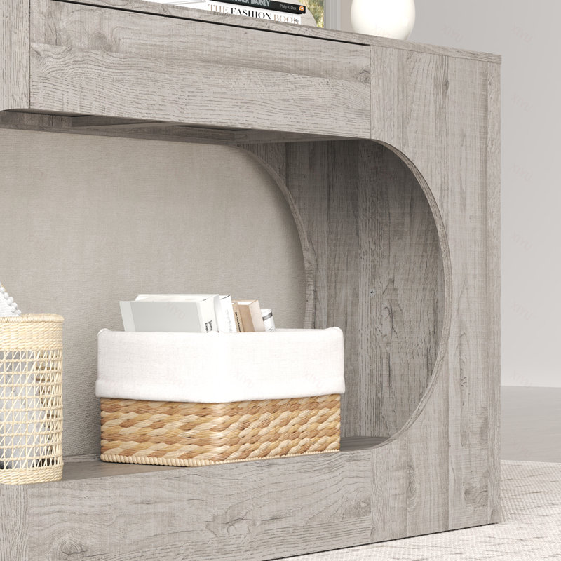 Console moderne en grain de bois gris, table d'entrée en panneau de particules avec tiroir de rangement, canapé d'appoint creux et ovale à découpes pour le couloir, le salon, la décoration
