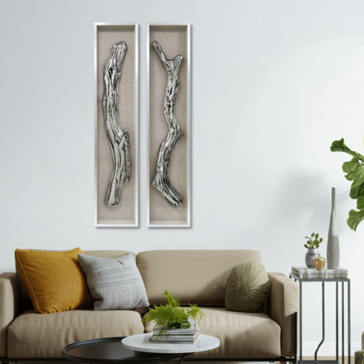Wall Sculptures Glass And Acrylic Branch-Inspired 3D Relief For Home Or Office Vertical Set Of 2 - 70" Ivory & Tan