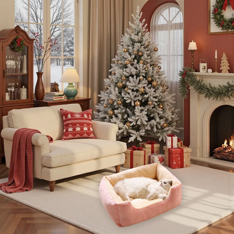 Lit pour chat doux à carreaux lavables et chauds, 19,69 po x 15,35 po, rose, Rose