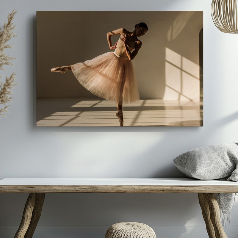 Toile, "A Graceful Ballet Dancer Strikes An Elegant Pose In A Wall Art" Softly Lit Studio Bathed In Warm Golden Sunlight Streaming, art mural