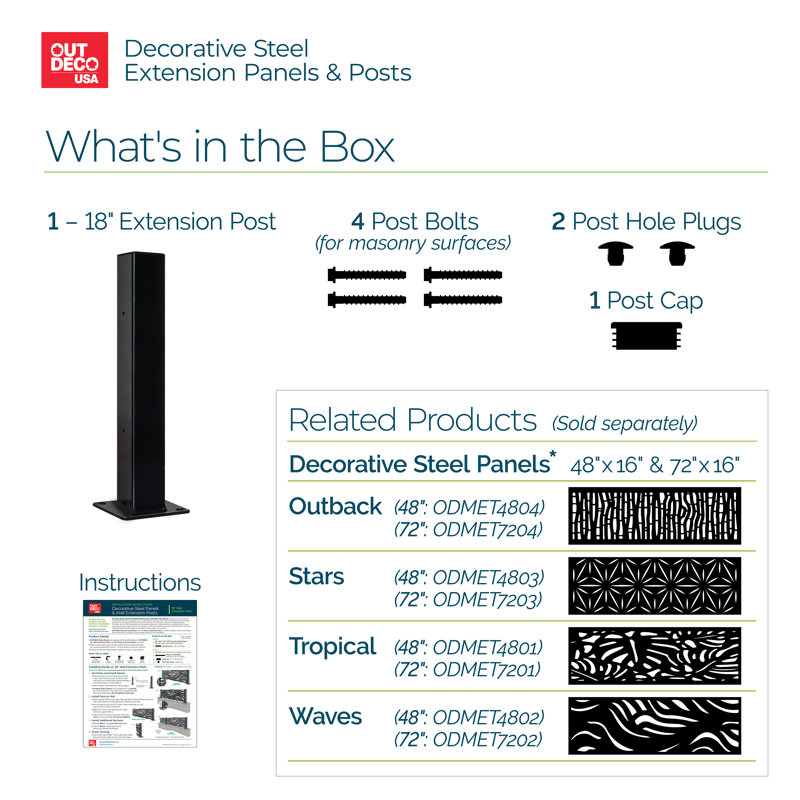 18" Black Galvanized Steel Decorative Screen Panel Post