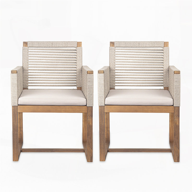 Outdoor Acacia Wood Patio Armchair with Rope Design, White/Brown