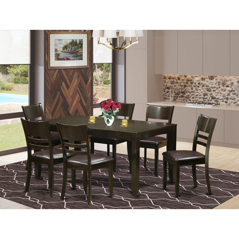 7 Piece Dining Room Furniture Set Consist of a Rectangle Kitchen Table with Butterfly Leaf and 6 Faux Leather Upholstered Chairs, 36x66 Inch, Cappuccino