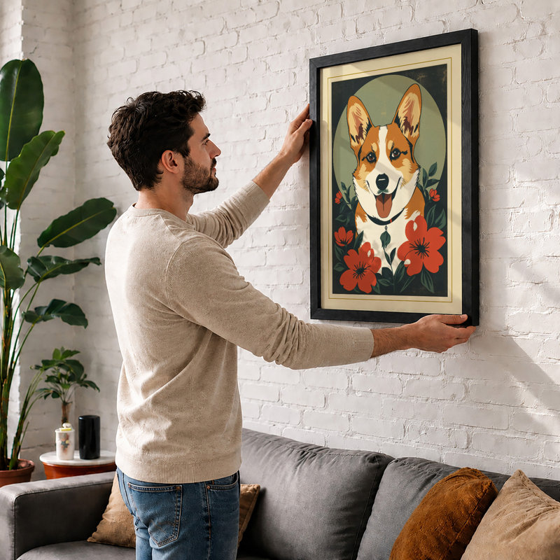 Corgi Crowned Botanical - Framed Print, A3 - 42.0 x 29.7 cm, Oak