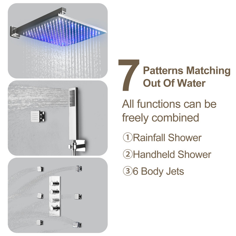 12 Inch Chrome LED Wall Mounted Rain Shower System with Handheld and Body Jets