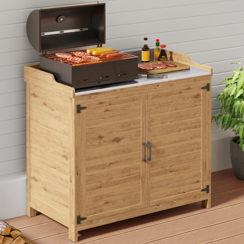 Charvette Fir Potting Bench with Storage Cabinet and Metal Covered Tabletop, Natural Wood