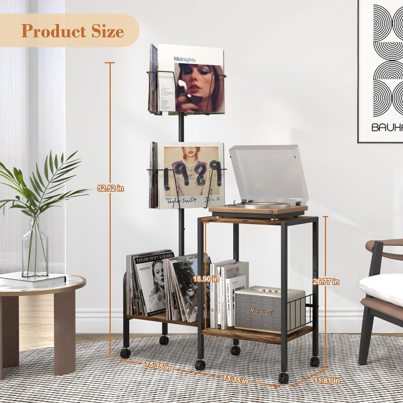 Vinyl Record Player Stand With 360° Rotating Storage, Turntable Table For Living Room, Holds Up To 200 Albums, Durable Multi-Functional Display And Organizer