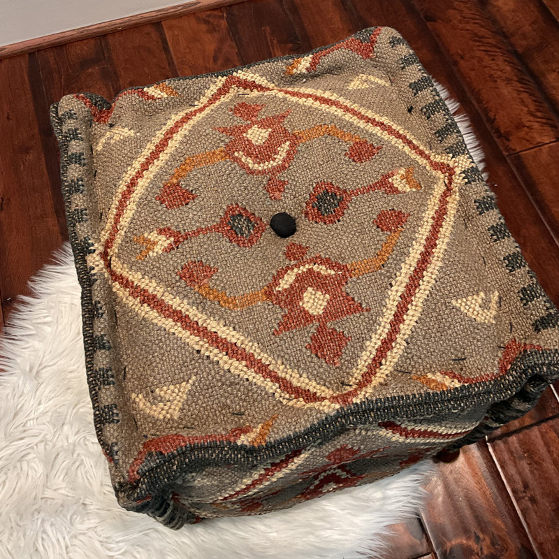 Union Rustic Handmade Wool And Jute Upholstered Pouf