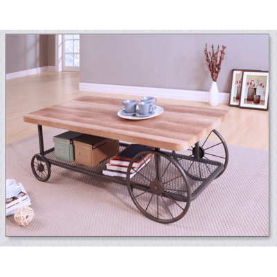 Francie Oak & Antique Gray Finish Coffee Table with Industrial Metal Wheels and Spacious Storage Shelf
