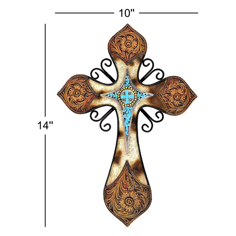 Similicuir en forme de croix de mur de style occidental en cuir de vache avec centre turquoise et motif floral en relief