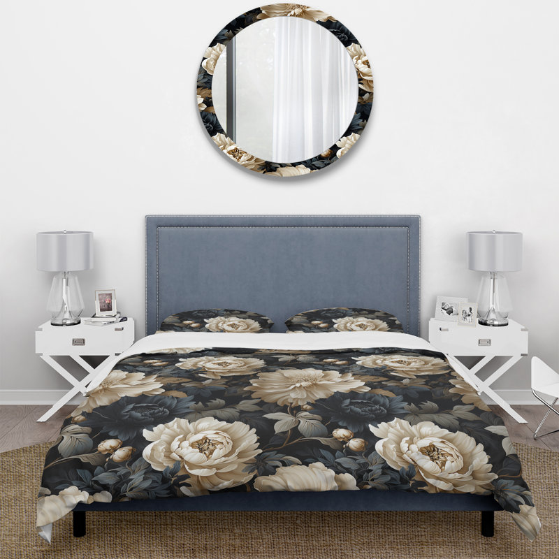 Ensemble de housse de couette Elegant White And Grey Floral Gardens, Housse de couette simple + 1 taie décorative stan