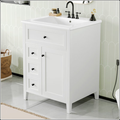 Meuble-lavabo fonctionnel avec lavabo, tiroirs multiples et armoire, construction durable pour le rangement de salle de bain moderne