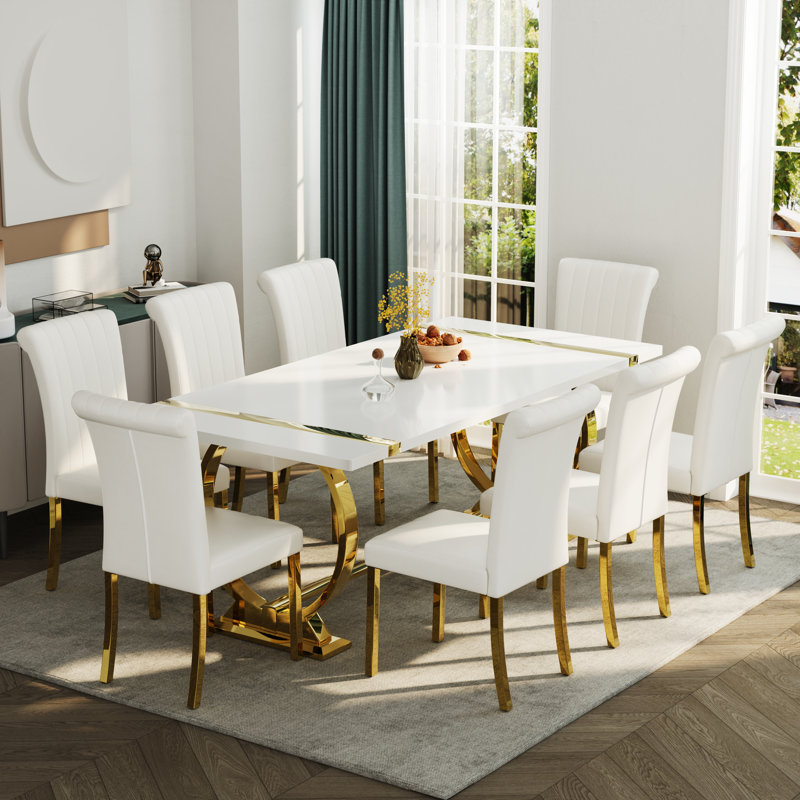 Luxury Leather Dining Room Chairs With Rolled Back Design And Polished Legs, Gold, White